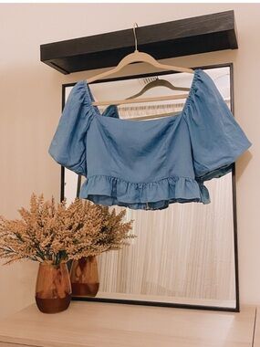 Kittenish Chambray Square-Neck Crop Top in Blue